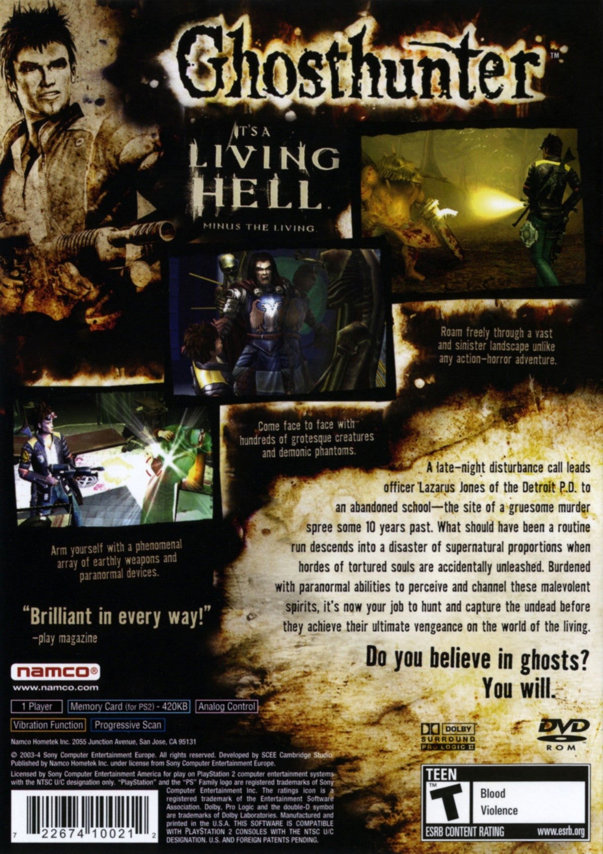 Ghosthunter PS2 Sony PlayStation 2 action adventure horror game third person shooting supernatural ghost hunting paranormal enemies puzzle solving atmospheric gameplay dark comedy elements retro gaming PlayStation 2 software video game title back cover art