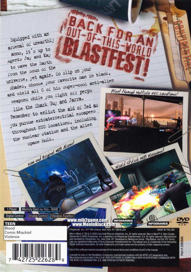 Men In Black II Alien Escape PlayStation 2 retro video game third person shooter back of case (2002)