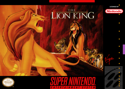 Disney's The Lion King Super Nintendo Entertainment System SNES video game featuring action platforming gameplay Simba adventure Pride Lands exploration enemy encounters obstacle courses power ups challenging stages and classic 16 bit Nintendo gameplay retro video game collection collectible gaming appeal front cover art