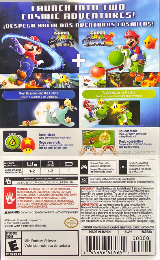 Super Mario Galaxy + Super Mario Galaxy 2 Nintendo Switch NS 3D platformer video game collection featuring Mario space exploration gravity-defying worlds colorful galaxies creative platforming power-ups challenging obstacles cosmic enemies star collecting and classic Nintendo Switch NS gameplay collectible gaming appeal back cover art