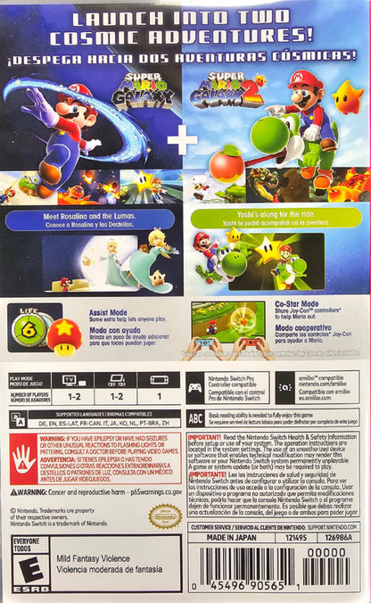 Super Mario Galaxy + Super Mario Galaxy 2 Nintendo Switch NS 3D platformer video game collection featuring Mario space exploration gravity-defying worlds colorful galaxies creative platforming power-ups challenging obstacles cosmic enemies star collecting and classic Nintendo Switch NS gameplay collectible gaming appeal back cover art