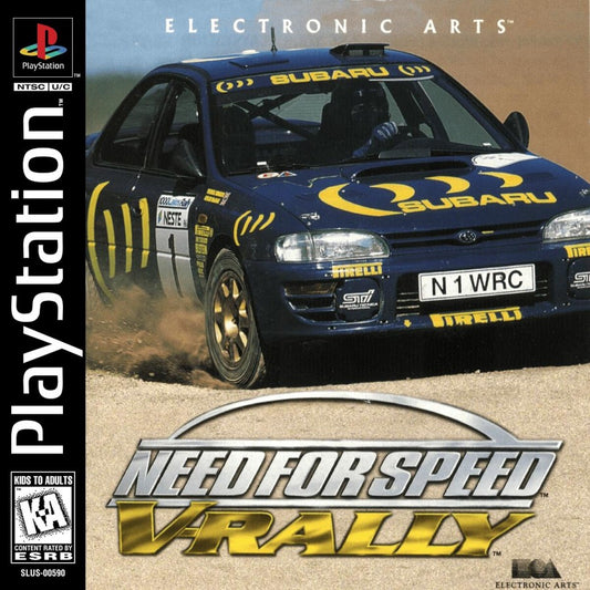 Need for Speed V-Rally for PlayStation 1 racing video game featuring rally style tracks licensed cars arcade handling time trials and classic Need for Speed off road racing experience cover