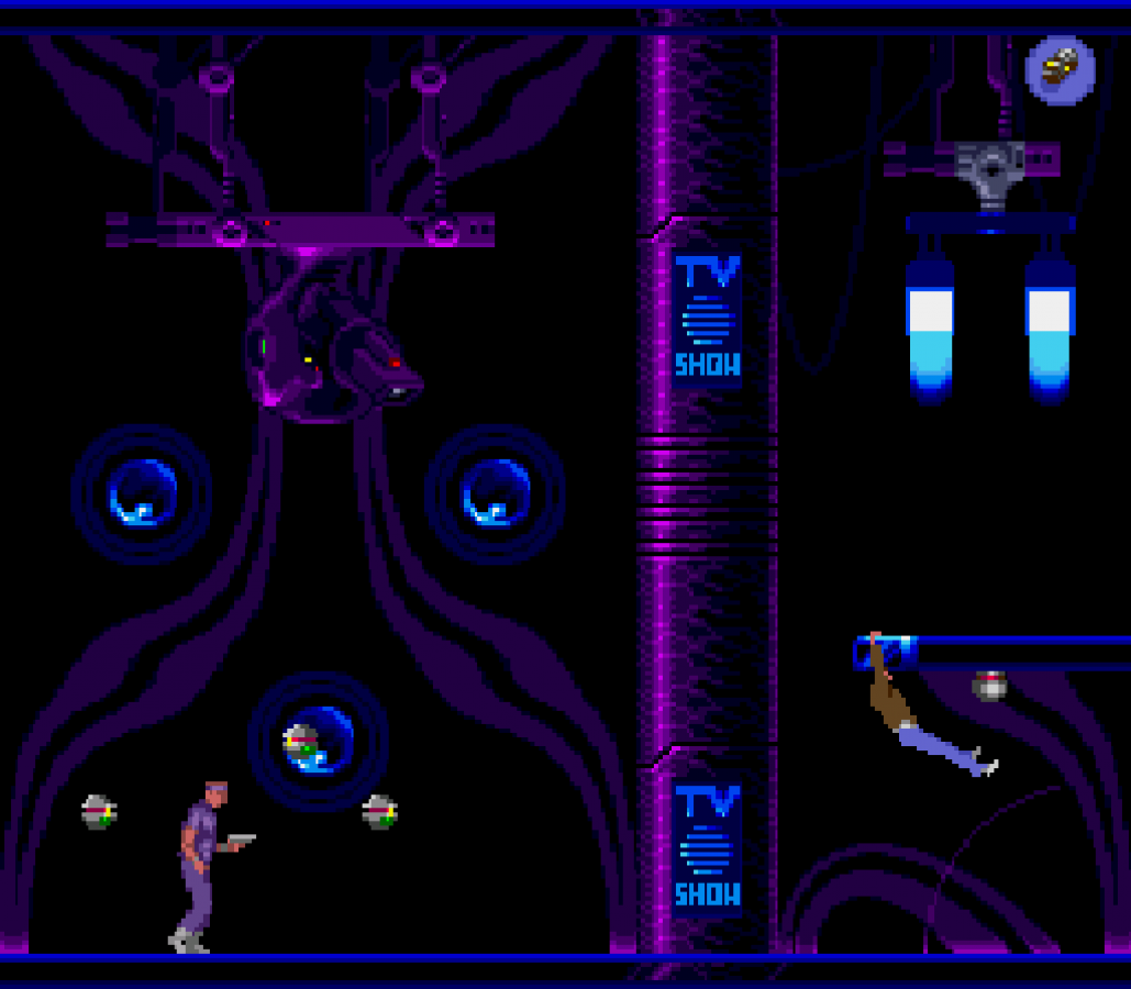 Flashback The Quest for Identity Sega CD cinematic platformer sci fi adventure game rotoscoped animation side scrolling exploration puzzle solving stealth combat amnesia storyline futuristic dystopia Delphine Software retro gaming Sega CD software video game title gameplay