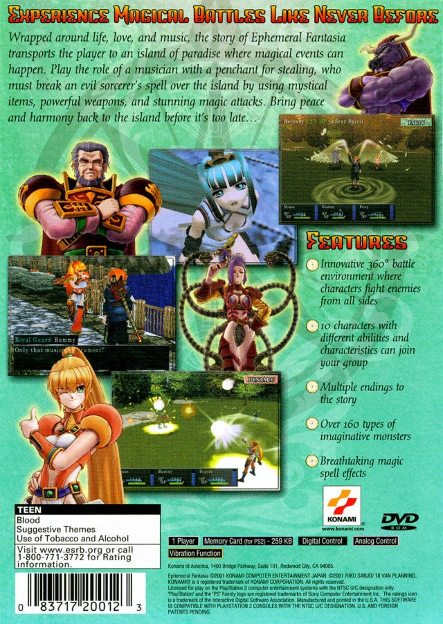 Ephemeral Fantasia back of case for PlayStation 2 (PS2) fantasy role-playing adventure video game