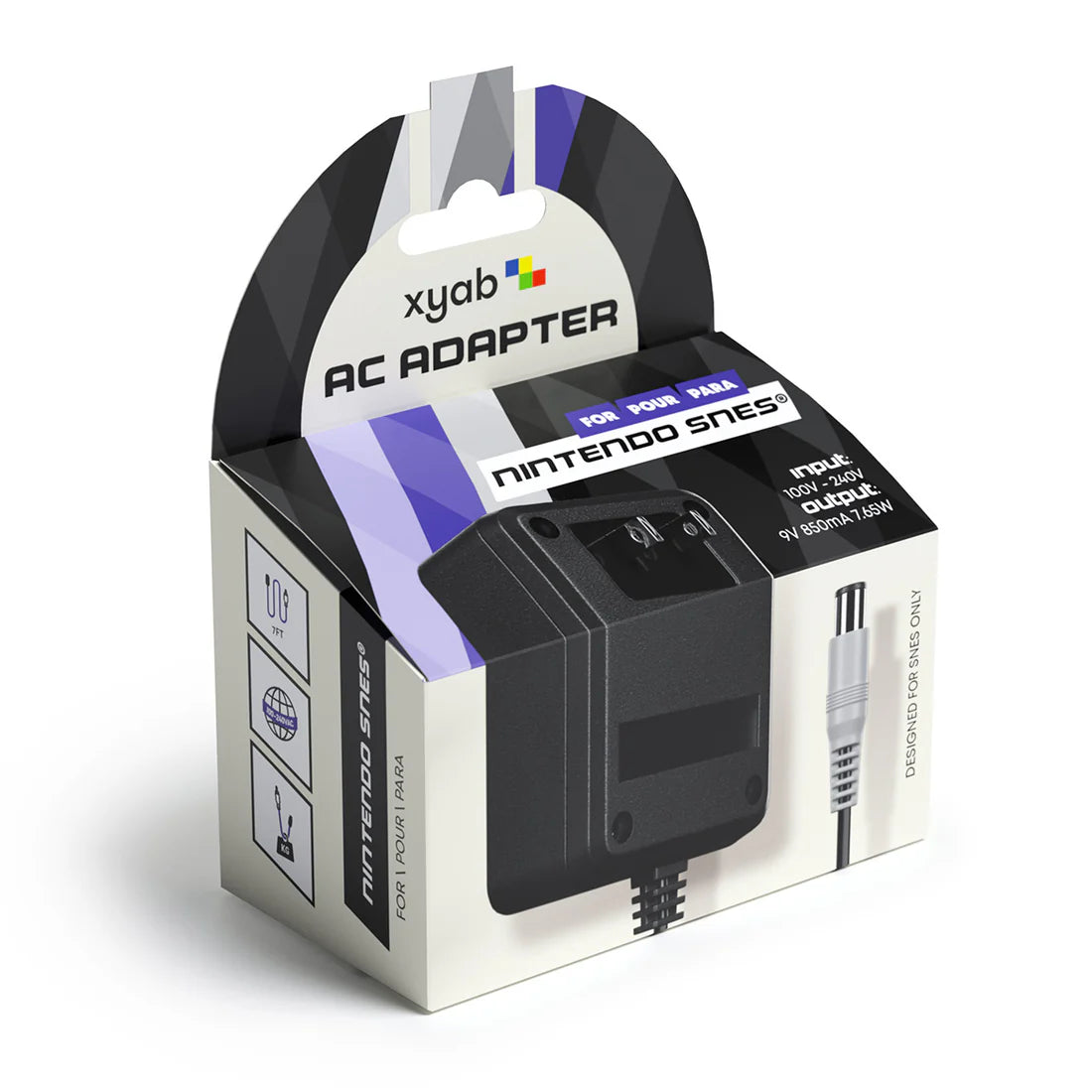 Nintendo SNES power adapter retail packaging box showing AC adapter for Super Nintendo console