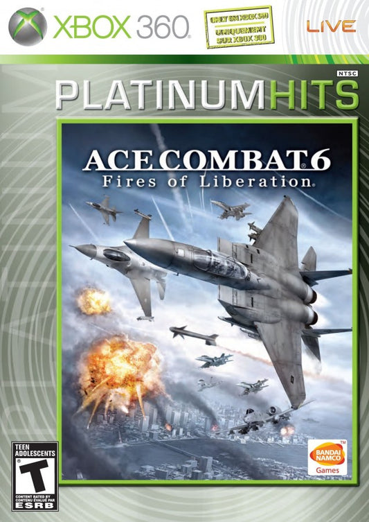 Ace Combat 6 Fires of Liberation Platinum Hits Xbox 360 game featuring realistic modern jet fighter combat large scale aerial battles cinematic campaign online multiplayer modes and immersive military flight simulation by Namco Bandai cover art 
