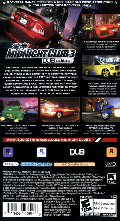 Midnight Club 3 DUB Edition for PlayStation Portable, back of case for an open-world racing video game with street racing gameplay, car customization, fast-paced driving, and urban environments