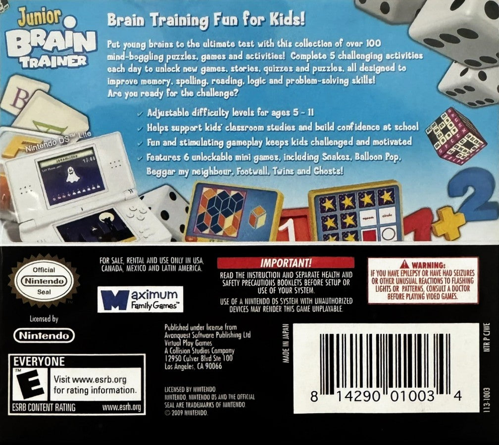 Junior Brain Trainer for Nintendo DS educational puzzle game featuring memory math logic challenges stylus touchscreen gameplay family friendly brain training activities back cover