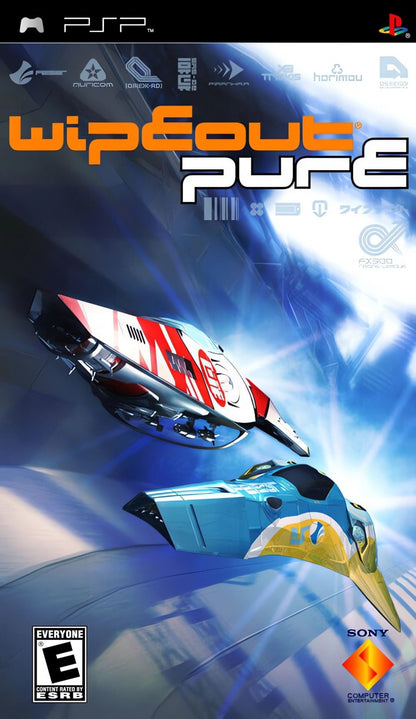 Wipeout Pure UMD for the PlayStation Portable featuring futuristic anti gravity racing gameplay with high speed tracks electronic soundtrack and competitive time trial and multiplayer modes front cover