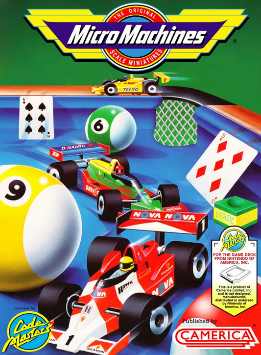 Micro Machines Nintendo Entertainment System NES video game featuring top down racing gameplay miniature vehicles colorful tracks competitive races obstacle courses fast paced driving action multiplayer racing and classic 8 bit Nintendo gameplay retro video game collection collectible gaming appeal front cover art
