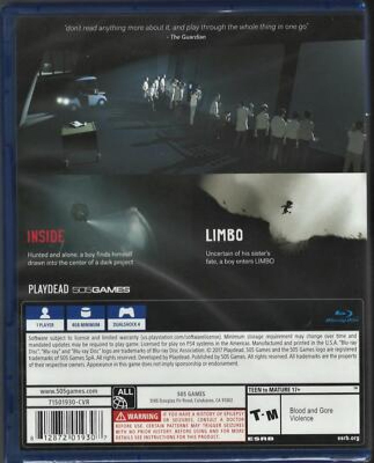 Inside Limbo Double Pack PS4 game featuring atmospheric puzzle platforming, dark minimalist art style, and critically acclaimed indie adventures back cover