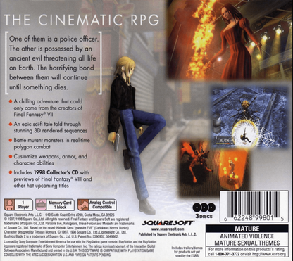 Parasite Eve back of case for PlayStation 1 (PS1) survival horror RPG video game