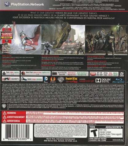 Injustice Gods Among Us PlayStation 3 PS3 for retro video game enthusiasts featuring superhero fighting gameplay iconic DC Comics character roster competitive one on one battles special abilities cinematic story mode combo driven combat mechanics and collectible gaming appeal back art 