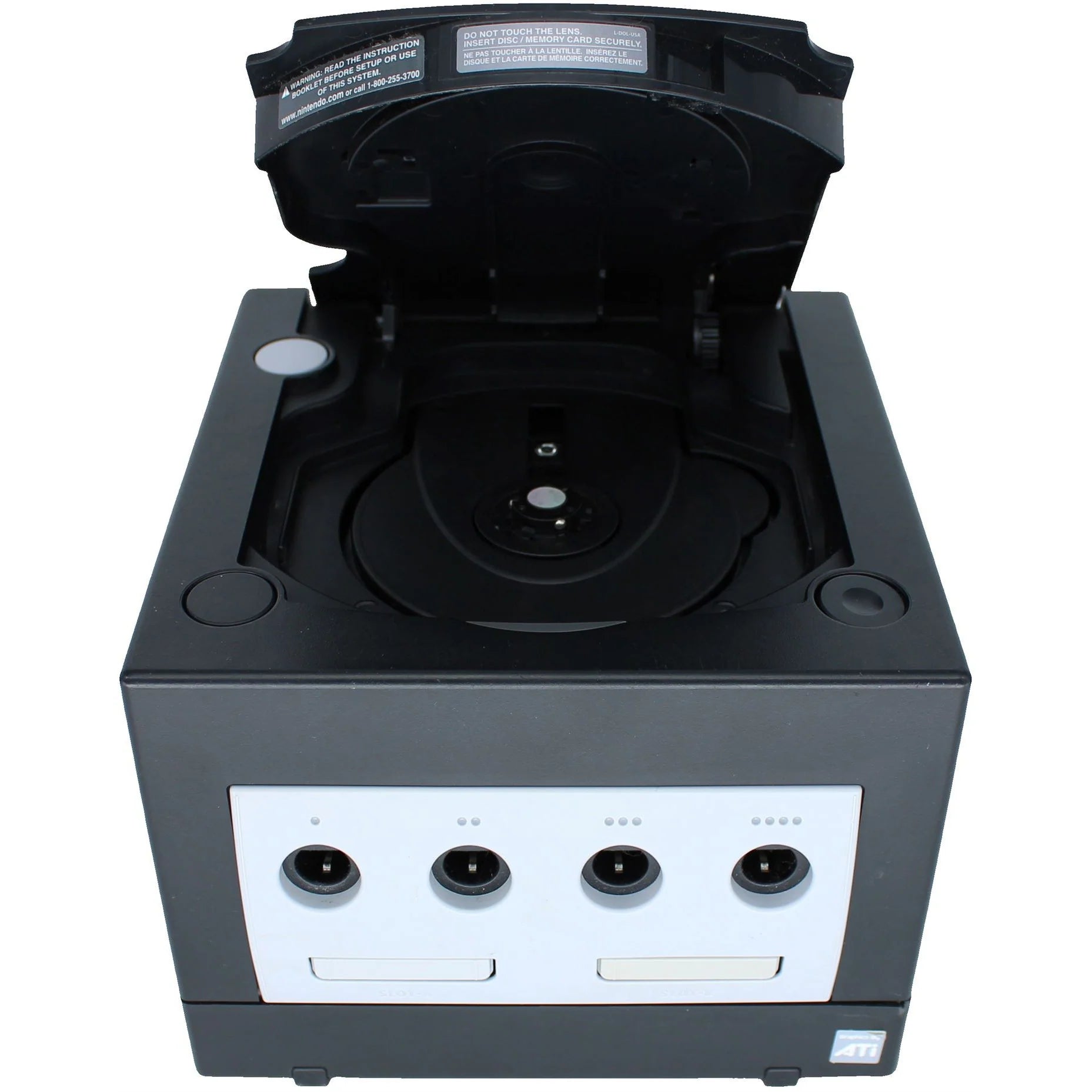 Nintendo GameCube console with lid open, showing disc tray inside cube design.