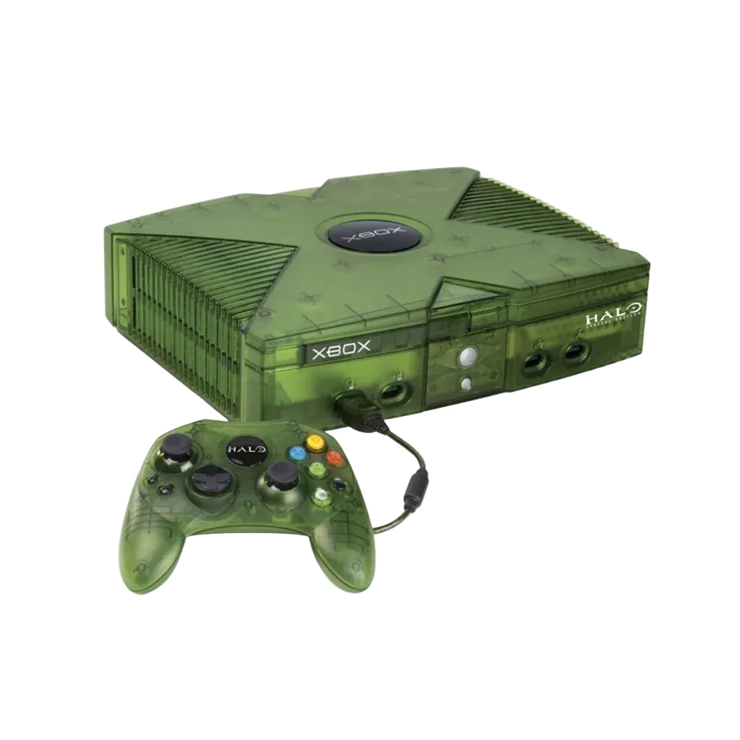 Green Halo Special Edition Original Xbox console for video game collectors featuring translucent green limited edition hardware iconic Halo themed design built in hard drive original Xbox controller compatibility classic Microsoft gaming system collectible gaming appeal
