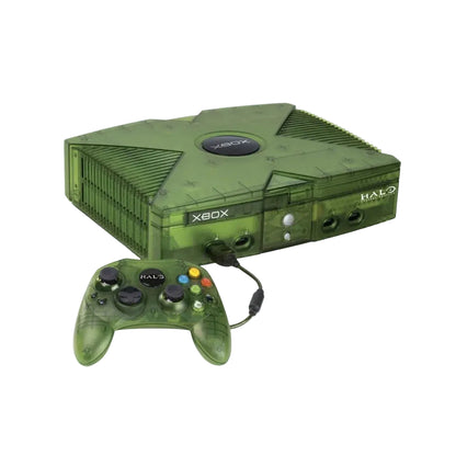 Green Halo Special Edition Original Xbox console for video game collectors featuring translucent green limited edition hardware iconic Halo themed design built in hard drive original Xbox controller compatibility classic Microsoft gaming system collectible gaming appeal