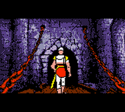 Dragons Lair for Game Boy Color, gameplay for a platformer video game with side-scrolling gameplay, fantasy adventure, knight-based action, and classic arcade-style challenges