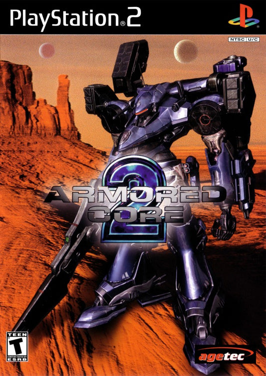 Armored Core 2 for PlayStation 2 (PS2) featuring deep mecha customization as you build and pilot a high-powered AC through intense mercenary missions on a colonized Mars; engage in fast-paced 3D combat and manage heat levels and weaponry to climb the arena ranks in this foundational 32-bit sequel front cover