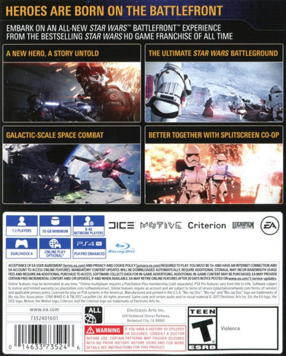 Star Wars: Battlefront II – PlayStation 4 (PS4) video game back of case, third-person and first-person shooter