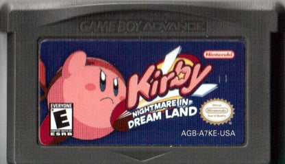 Kirby: Nightmare in Dreamland cartridge art for Game Boy Advance game only featuring classic side-scrolling platformer action and colorful Kirby gameplay 
