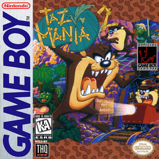 Taz Mania 2 for Game Boy, cover image for a side-scrolling platformer video game with cartoon-style gameplay, obstacle challenges, character-based levels, and arcade action