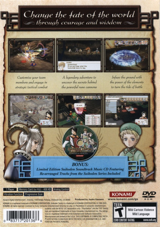 Suikoden Tactics PS2 Sony PlayStation 2 tactical RPG strategy game turn based combat grid based battles Suikoden series Konami story driven gameplay character recruitment fantasy strategy PlayStation 2 software video game title back cover art
