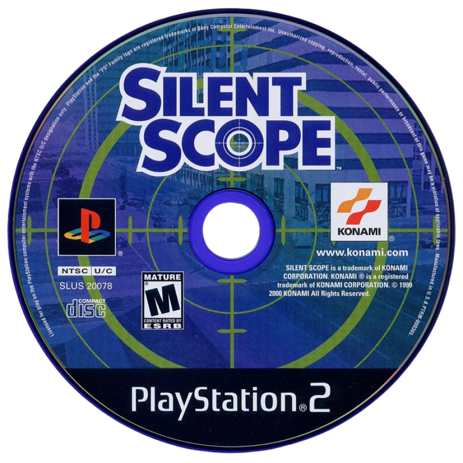 Silent Scope – PlayStation 2 (PS2) video game disc, arcade light-gun shooter.