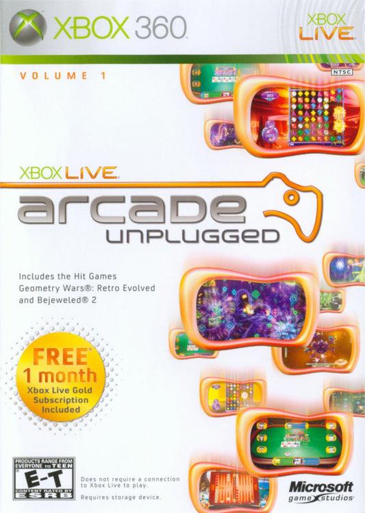 Xbox Live Arcade Unplugged Volume 1 Xbox 360 compilation game featuring a collection of classic Xbox Live Arcade titles playable on the go with Xbox 360 Portable (commonly bundled with original Xbox 360 Portable units), including retro favorites like Pac-Man Championship Edition, Geometry Wars: Retro Evolved, Toy Soldiers, Hexic, and other downloadable hits — arcade-style mini games and multiplayer fun in one portable compilation. cover