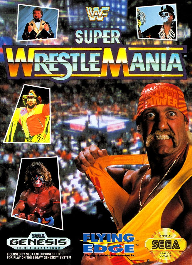 WWF Super WrestleMania for Sega Genesis with classic 16-bit wrestling action theme front cover