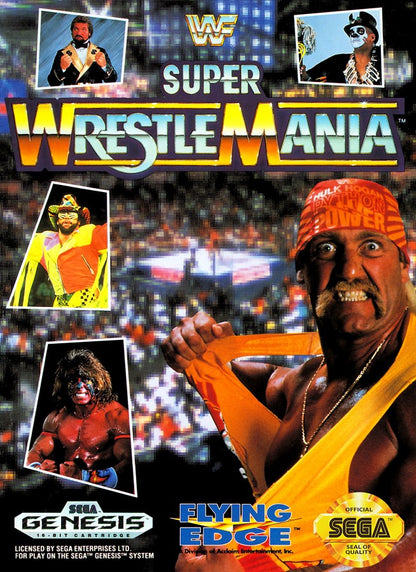WWF Super WrestleMania for Sega Genesis with classic 16-bit wrestling action theme front cover