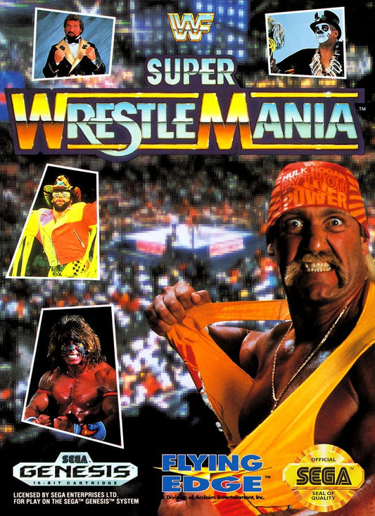 WWF Super WrestleMania for Sega Genesis with classic 16-bit wrestling action theme front cover