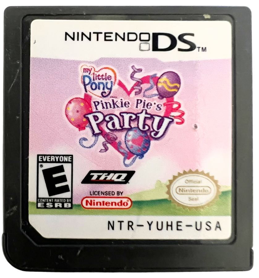 My Little Pony Pinkie Pie’s Party for Nintendo DS, cartridge for a party mini-game video game with friendship activities, puzzle challenges, character-based gameplay, and family-friendly fun