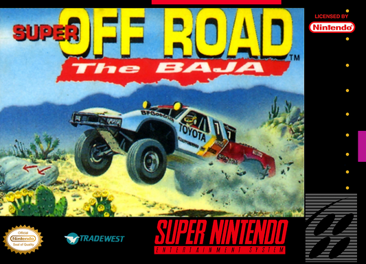Super Off Road The Baja Super Nintendo Entertainment System SNES video game featuring off road racing gameplay Baja truck racing dirt tracks rough terrain competitive races vehicle upgrades jumps and classic 16 bit Nintendo arcade racing gameplay retro video game collection collectible gaming appeal front cover art