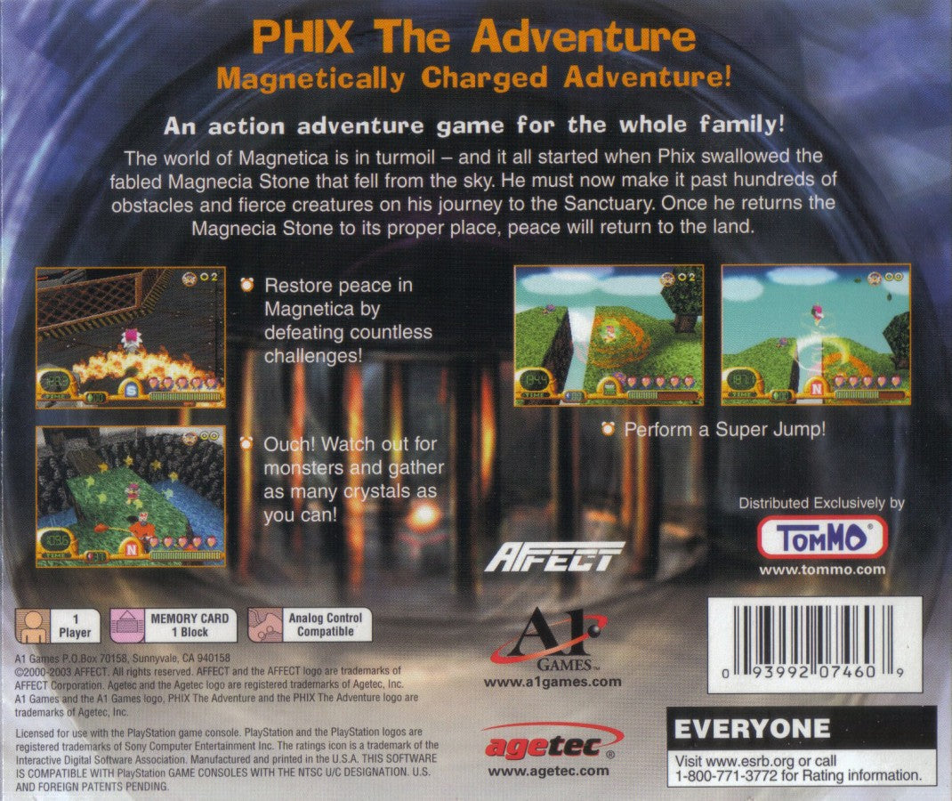 Phix: The Adventure PlayStation 1 PS1 for action platformer retro video game fans featuring colorful fantasy worlds puzzle solving creative platforming whimsical characters hidden secrets challenging levels classic PlayStation adventure collectible gaming appeal back of case