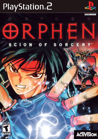 Orphen: Scion of Sorcery for PlayStation 2 (PS2) featuring an action RPG based on the anime where you cast spells in real time battles and explore dungeons across a fantasy world; follow Orphen’s story with party members puzzles and magic driven combat on PS2 front cover