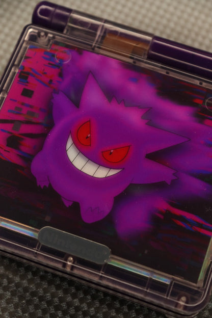 Game Boy Advance SP Custom Gengar Shell Nintendo handheld console with custom Gengar themed shell clamshell design backlit screen rechargeable battery cartridge based portable retro gaming system