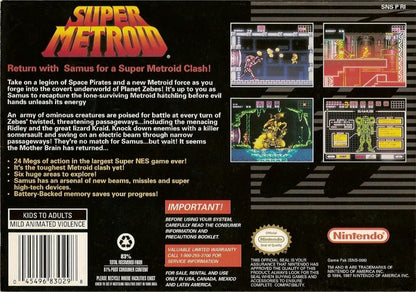 Super Metroid Player’s Choice Super Nintendo SNES video game, action adventure, sci-fi exploration, classic Nintendo title back cover art