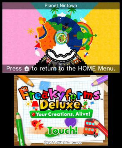Freakyforms Deluxe Your Creations Alive Nintendo 3DS 3DS title screen for retro video game enthusiasts featuring creative creature building gameplay customizable character design sandbox style exploration puzzle solving mini games colorful whimsical world interactions and portable handheld creativity focused gaming experience and collectible gaming appeal