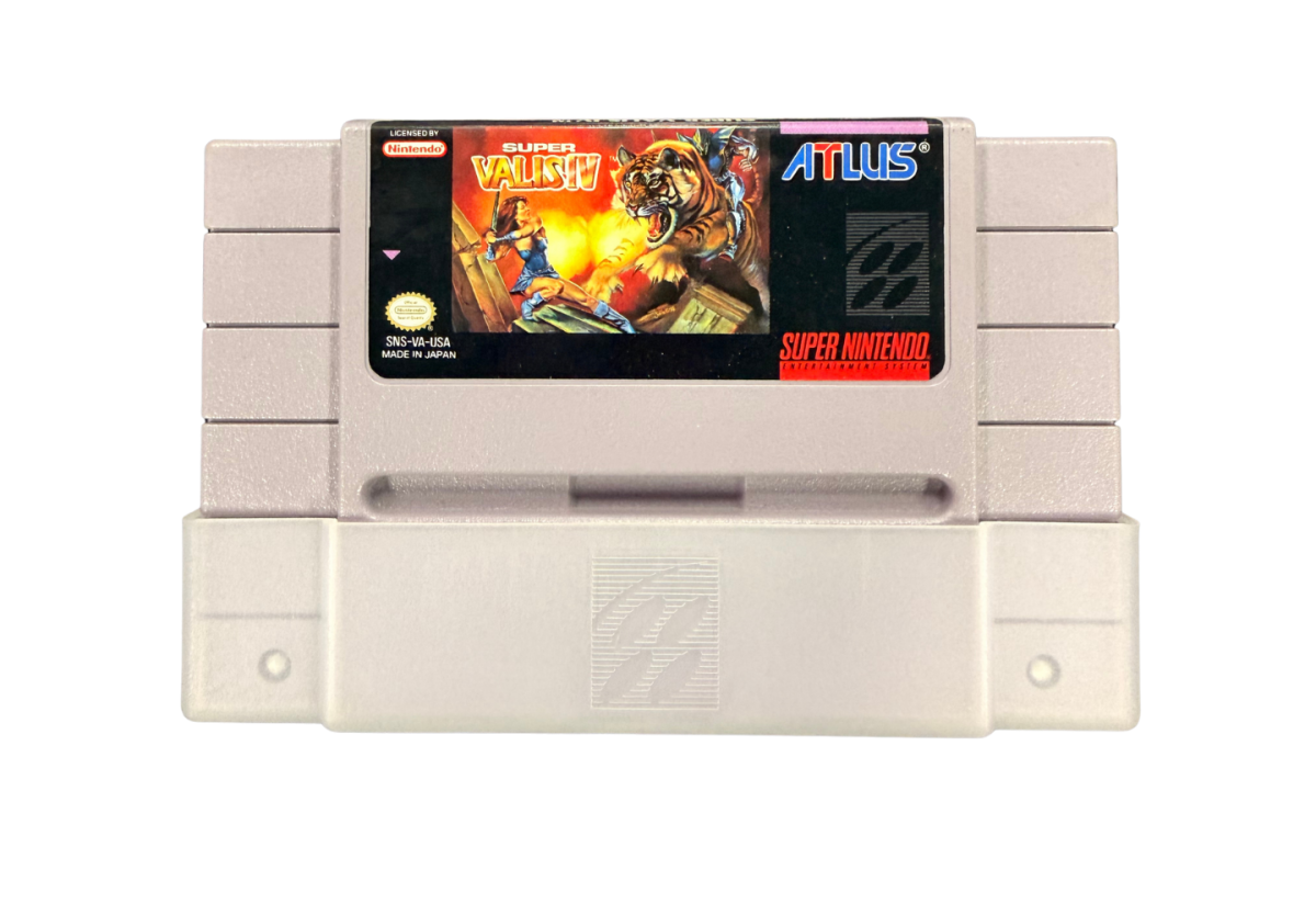 Super Valis IV Super Nintendo Entertainment System SNES retro video game action platformer featuring fantasy combat sword fighting challenging stages magical abilities enemy battles classic 16 bit graphics Super Nintendo gaming experience retro game collection appeal front of cartridge