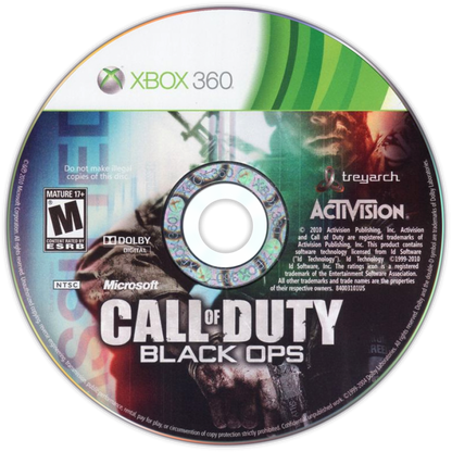 Call of Duty Black Ops Xbox 360 game featuring intense first person shooter action, cinematic Cold War storyline, and competitive multiplayer modes disc 