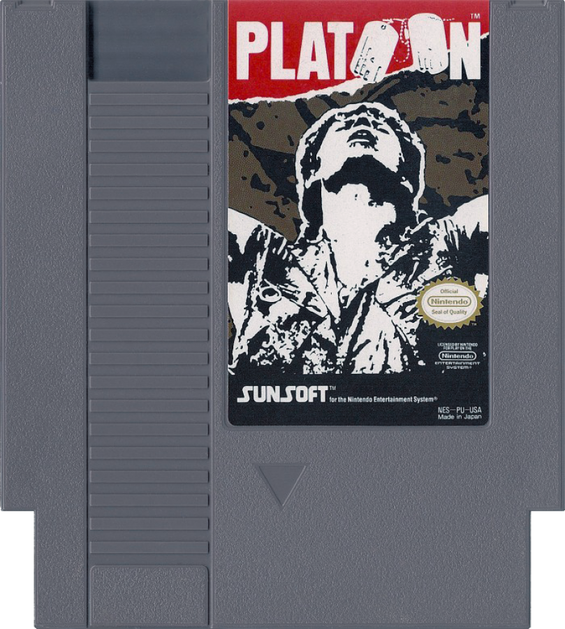 Platoon cartridge for the Nintendo Entertainment System featuring 8 bit side scrolling action based on the Vietnam War with soldier combat missions and tactical gameplay cartridge
