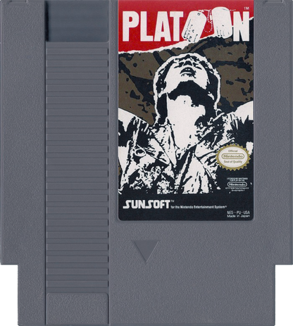 Platoon cartridge for the Nintendo Entertainment System featuring 8 bit side scrolling action based on the Vietnam War with soldier combat missions and tactical gameplay cartridge