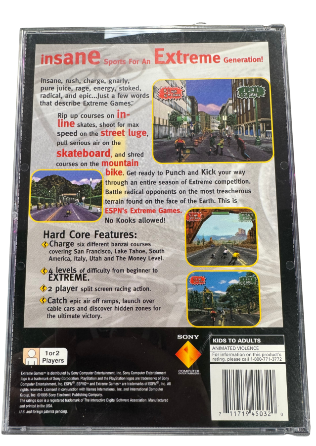 ESPN Extreme Games Long Box Sony PlayStation 1 PS1 video game featuring extreme sports racing gameplay high speed vehicle competition off road tracks challenging courses stunts and arcade style action long box edition retro video game collection collectible gaming appeal back cover art