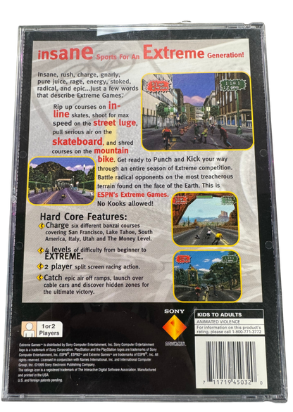 ESPN Extreme Games Long Box Sony PlayStation 1 PS1 video game featuring extreme sports racing gameplay high speed vehicle competition off road tracks challenging courses stunts and arcade style action long box edition retro video game collection collectible gaming appeal back cover art