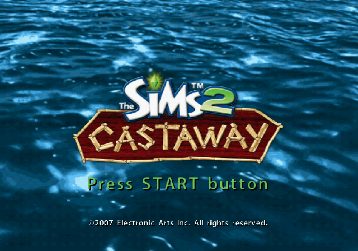 The Sims 2: Castaway – PlayStation 2 (PS2) video game title screen, life simulation adventure.