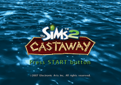 The Sims 2: Castaway – PlayStation 2 (PS2) video game title screen, life simulation adventure.