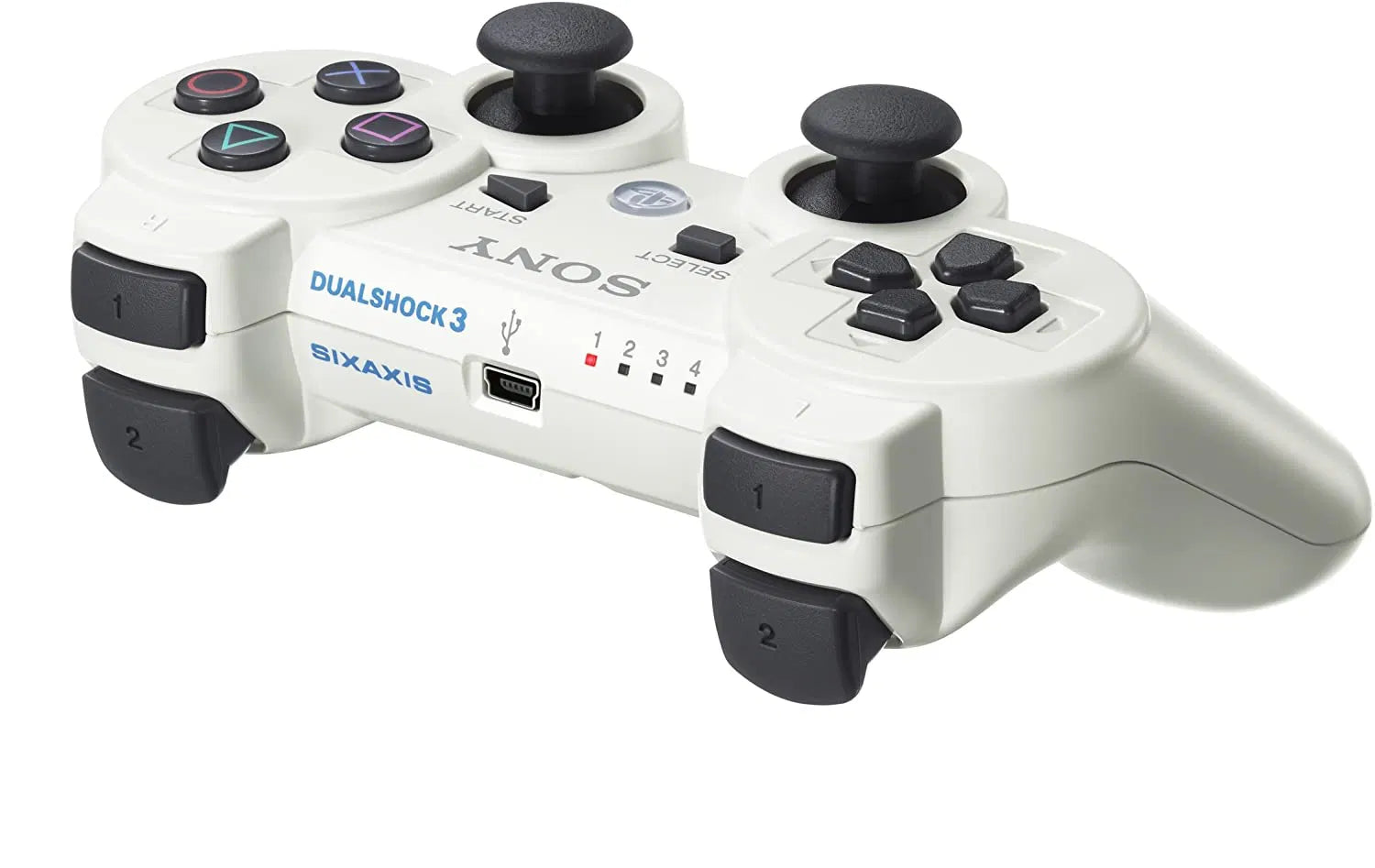 White DualShock 3 wireless controller for PlayStation 3 gaming console. rear view