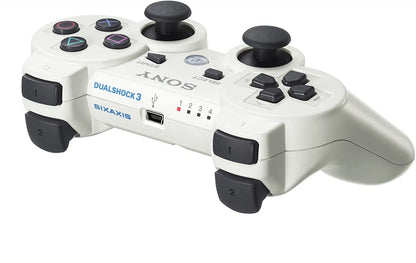 White DualShock 3 wireless controller for PlayStation 3 gaming console. rear view