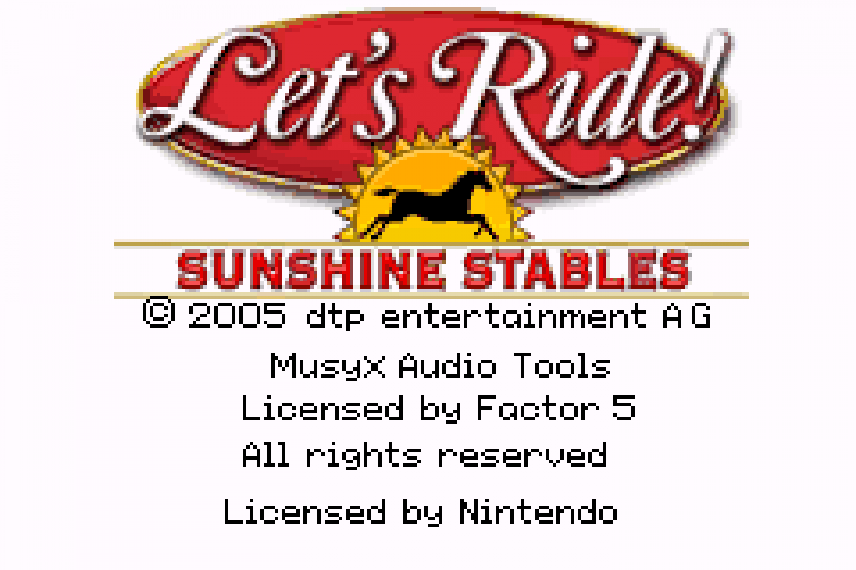 Let’s Ride Sunshine Stables for Game Boy Advance (GBA), title screen for a retro video game featuring horse riding simulation gameplay, stable management, training challenges, and equestrian adventure activities