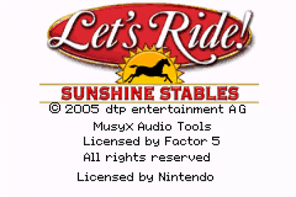 Let’s Ride Sunshine Stables for Game Boy Advance (GBA), title screen for a retro video game featuring horse riding simulation gameplay, stable management, training challenges, and equestrian adventure activities